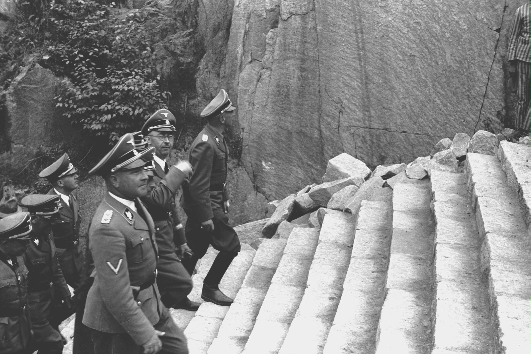 Himmler i el seu seguici pujant els tristament famosos 186 esglaons de l'escala d'accés a l'esplanada de la pedrera
